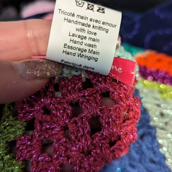 Rose Carmine Granny Square Crochet Multicolor Tank Top Tie Shoulder Cotton - Picture 4 of 9